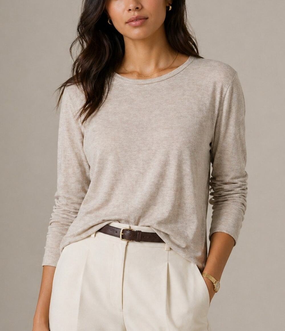 Minnie Rose Womens Cotton Crewneck TShirt Large Beige Casual Quiet Luxury Basic